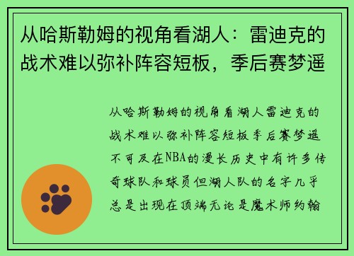 从哈斯勒姆的视角看湖人：雷迪克的战术难以弥补阵容短板，季后赛梦遥不可及